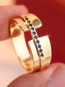 YOYO Light Luxury Blue Cubic Zirconia Ring, Casual Elegant Style - Gold - View 8