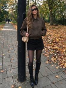 Aflion Women's Fall Winter Coffee Brown Short Bomber Jacket With Epaulettes, Collar Zip Up For Casual Commute, Date And Daily Outfits - Brown - View 3