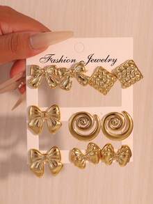 5 Pairs Gold Bow/Spiral/Diamond Stud Earrings Set, Autumn/Winter Bestseller - Gold - View 4