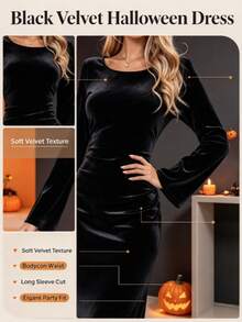 Halloween Costume Elegant Solid Color Velvet Long Sleeve Bodycon Maxi Dress, Drawstring Evening Gown For Wedding Guest, Halloween Fashion & Carnival - Black - View 3