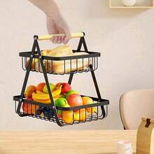 2-Tier And 3-Tier Optional, Wooden Handle Fruit Basket, Portable Fruit Bowl, Kitchen Countertop Storage Rack, Detachable Rectangular Metal Basket, Suitable For Fruit, Vegetables, Bread, Snacks, Bananas, Home Decor Storage Rack - Multicolor - View 14