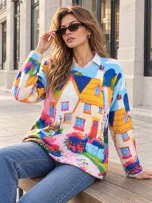 Women's Fairy Tale Country Style Printed Sweater, Soft And Lightweight, Layerable Design, Winter Style, Suitable For Daily Outings - Blue - View 4
