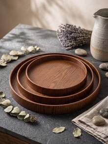 1pc/3pcs Natural Wooden Tray, Round Serving Plate, Suitable For Snacks, Drinks, Sushi, Steak, Pizza, Desserts, Cakes, Bread, Multi-Purpose Breakfast Coffee Tea Tray, Kitchen Dining Table Food Platter, Restaurant Service And Table Decor Storage Tray - Brown - View 6