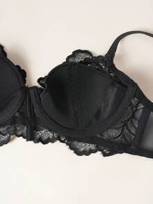 1pc Women's Floral Lace Underwire Bra, Adjustable Spaghetti Strap, Back Hook Closure, Half Cup Bra Suitable For Small Bust Daily Wear - Black - View 6