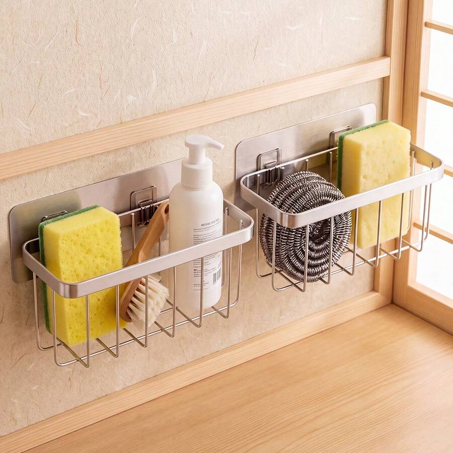 1pc No-Drill Wall-Mounted Sink Storage Rack Sponge Holder, Rust-Proof Stainless Steel Draining Basket, Kitchen Multi-Purpose Wall-Mounted Storage Organizer, Suitable For Pot Brushes, Vegetables And Small Kitchen Utensils - Multicolor - View 1