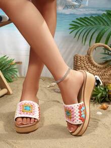 Women Crochet Lace Wedge Slide Sandals, Bohemian Open Toe Platform Slip On Summer Slippers - White - View 4