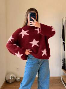 Women's Sweater, NewDesign Autumn/Winter All-MatchTops Minimalist Casual Versatile Five-Pointed Star Jacquard Loose Knit Fall - Pink Brown - View 6