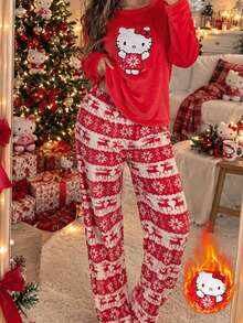 SANRIO Women's Long Sleeve Top & Long Pants 2 Pieces Set, Home Loungewear With 3D Applique Embroidery, Fashionable Fleece, Warm And Cozy For Autumn/Winter - Red - View 7