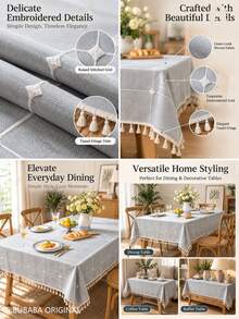 Bubaba Grey-Blue Embroidered Plaid Rectangular Tablecloth With Cream Tassel Trim, Linen-Texture Fabric, Country Farmhouse Bohemian Style, Suitable For Kitchen, Dining Room, Daily Home Decor And Party Table Cover - Multicolor - View 2