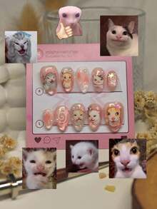 30片杏仁形穿戴式美甲貼，可愛貓咪與星星美甲設計，鑲嵌水鑽與珍珠裝飾，套裝包含：1片果凍膠與1片美甲锉，適合女性與女孩在節日派對、秋冬季節佩戴 - 彩色 - 查看 2