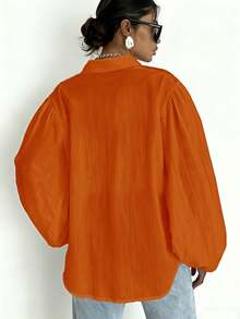 Lightweight Semi-Sheer Women's Autumn Back-To-School Orange Puff Sleeve Collared Pocket Loose Casual Shirt, Everyday Shirt - Orange - View 4