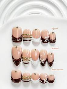 秋冬款 10片裝美拉德風手工穿戴甲 Polygel 凝膠美甲套組，花卉條紋白色與棕色美甲，精緻風格，3種尺寸可選：方形、短方形、杏仁形，適合派對、舞蹈、日常配戴（手工細節可能有所不同） - 彩色 - 查看 1
