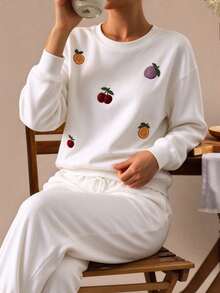 Women's White Fruit Embroidery Sweatshirt & Sweatpants Set, Crew Neck Loose Long Sleeve Drawstring Cuffed Pants 2 Pieces Set, Casual Home & Light Sports Outfit - White - View 6