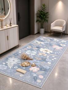1pc Fog Blue Floral Long Runner Rug, Soft & Comfortable Bedroom Carpet, Washable Rug, Suitable For Front Door, Entryway, Hallway, Kitchen, Bedroom, Dorm, Dining Room, Skin-Friendly Rug, Living Room Carpet, Sofa Seating Rug, Area Rug, Creative Versatile Home Decor Rug, Large Living Room Rug, Bedroom Carpet, Walk-In Closet Rug, Room Decor, Gift For Family And Friends - Multicolor - View 2