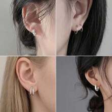 5 Pairs Silvery Hoop Earrings Set, Rhinestone Heart & Flower Decor Huggie Earrings, Minimalist Metal Circle Ear Jewelry For Women Daily Party Gift - Silver - View 2