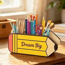 1pc Pencil-Shaped Desktop Organizer - "Dream Big" Inspirational Pencil Design Wooden Pen Holder | Multi-Compartment Desktop Stationery Storage Box | Suitable For Teachers And Students Offices | Unique Teacher Appreciation Gift, Lightweight And Durable Design, Storage For Writing Tools, Brushes And Stationery, Smooth Wood Grain Surface - View 5
