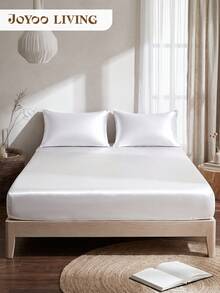 1pc White Satin Fitted Sheet, Ultra Soft Mattress Protector, Bed Cover, Home Decor, Comfortable Home Textiles, Bedding, Room Decoration, Deep Pocket, Skin-Friendly And Breathable, Suitable For Twin/Full/Queen/King Size Beds, All Season, Machine Washable, Pillowcase Not Included - White - View 2