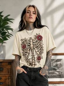 1pz Playera holgada para mujer cómoda con estampado de esqueleto floral estilo gótico aesthetic camiseta casual para Halloween y Día de Muertos - Albaricoque - Ver 5
