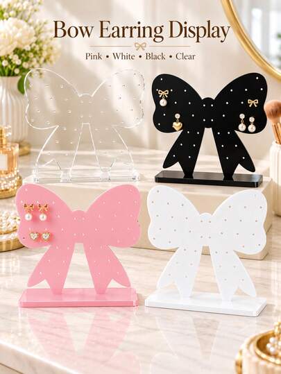 New Creative Bow Design Minimalist Acrylic Earring Display Stand, High-End Durable Pegboard Jewelry Display Rack, 4 Colors Available: Pink, White, Black, Transparent, Lightweight Space-Saving, Earring Display, Earring Storage Box, Earring Organizer, Jewelry Display Stand, Earring Holder For Photography, Suitable For Christmas, Halloween, Thanksgiving, Valentine's Day Gifts
