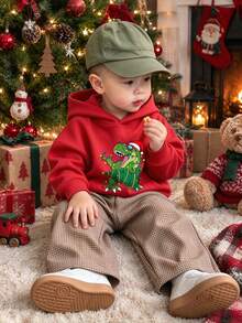 Boys Christmas Dinosaur Print Hoodie, Casual Long Sleeve Top - Red - View 1