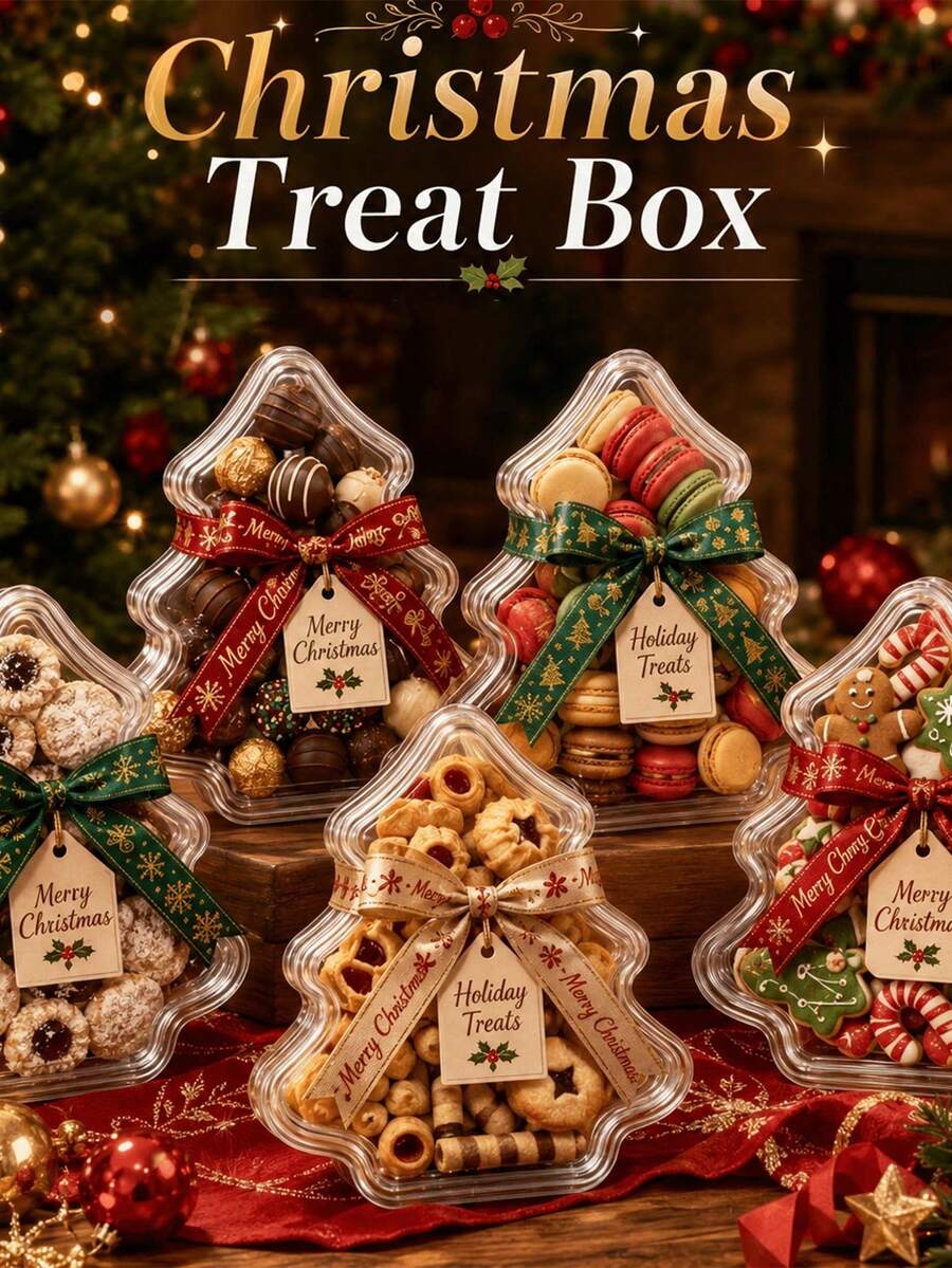 Christmas Tree Shaped Dessert Container, Elegant Appearance, Suitable For Valentine's Day, Easter And Thanksgiving Celebrations To Hold Desserts, Chocolates And Sushi, 10pcs Set: 5 Boxes + 5 Lids - Multicolor - View 1