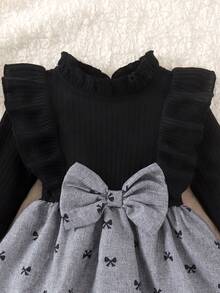 1pc Baby Girl Cute Elegant Ribbed & Printed Fabric Long Sleeve Dress, Thin For Spring/Autumn Party - Black - View 3