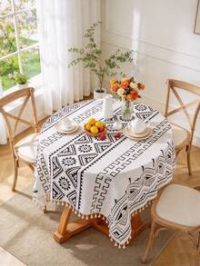 MineLain 1pc Minimalist Black & White Geometric Tablecloth, Rectangular Table Runner, Beige Tassel Decor, Coffee Table, Bedside Table, Sideboard, Small Table Cover, Tabletop Decor, Home Decor, Suitable For Kitchen, Dining Room, Living Room, Dinner, Party, Picnic, Outdoor, Holiday Decor, All Seasons - Black and White - View 6