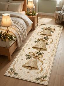1PC Beige Gold Bell Pattern Runner Rug, European Vintage Luxury Cozy Elegant Faux Cashmere Rectangular Machine Washable Long Strip Carpet, Suitable For Christmas/Kitchen Hallway Corridor Bedside Mat/Winter Holiday Decoration, Christmas Home Decor - Multicolor - View 1