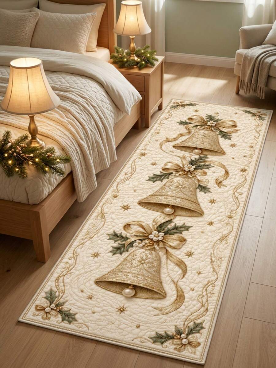 1PC Beige Gold Bell Pattern Runner Rug, European Vintage Luxury Cozy Elegant Faux Cashmere Rectangular Machine Washable Long Strip Carpet, Suitable For Christmas/Kitchen Hallway Corridor Bedside Mat/Winter Holiday Decoration, Christmas Home Decor - Multicolor - View 1