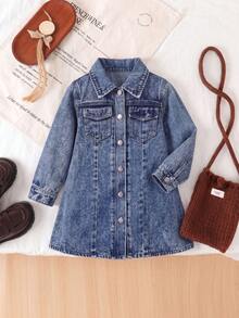 Young Girls Sweet Cool Casual Minimalist Collared Denim Dress, Comfortable Autumn/Winter Outfit Suitable For Outdoor Travel And Photo-Taking - Medium Wash - View 1