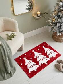 1pc Red Christmas Tree Rug, Faux Cashmere Carpet, Christmas, Home Decor, Room Decor, Christmas Home Decor, Autumn Home Decor, Home Supplies, Doormat, Living Room Rug, Kitchen Mat, Kitchen Decor, Bedroom Decor, Bathroom Decor, Bathroom Mat, Easy To Clean - Multicolor - View 2