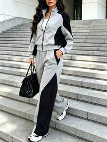 Women's Casual Sports Street Style Stand Collar Zip-Up Long Sleeve Sweatshirt And Straight Leg Pants 2 Pieces Set, Colorblock Patchwork Casual Sweatshirt, Home Daily Wear, Spring/Autumn Graduation Back To School Season Outfit, Loose Long Sleeve Top, Wide Leg Pants With Pockets, Spring/Autumn Sports Fashion Clothing - Gray+Black - View 1