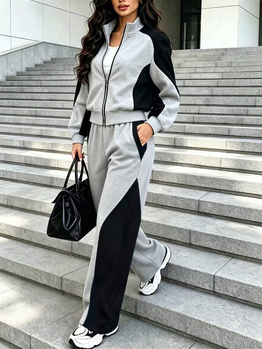 Women's Casual Sports Street Style Stand Collar Zip-Up Long Sleeve Sweatshirt And Straight Leg Pants 2 Pieces Set, Colorblock Patchwork Casual Sweatshirt, Home Daily Wear, Spring/Autumn Graduation Back To School Season Outfit, Loose Long Sleeve Top, Wide Leg Pants With Pockets, Spring/Autumn Sports Fashion Clothing - Gray+Black - View 1