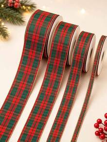 1/2pcs 5Yards Red And Green Plaid Ribbon With Luxurious Gold Edge Pattern, Suitable For Gift Wrapping, Holiday Celebrations, Making Bows, Wreaths And Other DIY Crafts - Multicolor - View 2