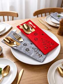 6 cái/1 cái túi đựng dao nĩa Giáng Sinh bằng nỉ hình chữ nhật trang trí họa tiết cây thông Noel, phụ kiện bàn ăn lý tưởng cho mùa lễ hội dùng tại nhà, tiệc tùng hoặc nhà hàng - Nhiều màu - Xem 2