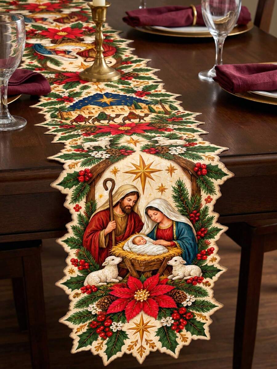 1pc Christmas Nativity Linen Table Runner, Holy Family And Baby Jesus In A Manger, Three Wise Men And Star Of Bethlehem Print, Floral Cutout Shape With Poinsettias, Christian Dining Table And Holiday Decor - A - View 1