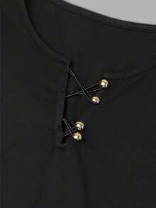 minisummer Women Elegant Fall/Winter Lace Up Notch Neck Long Sleeve Tee, Slim Fitted Basic Top, Casual Daily Coffee Outing Wear - Black - View 4