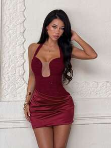 Women's Elegant Burgundy Halter Backless Dress, Curved Cup Design, For Date Night, Birthday, Party, Wedding,Christmas,Winter,New Year,Night Out,Chic - Burgundy - View 5