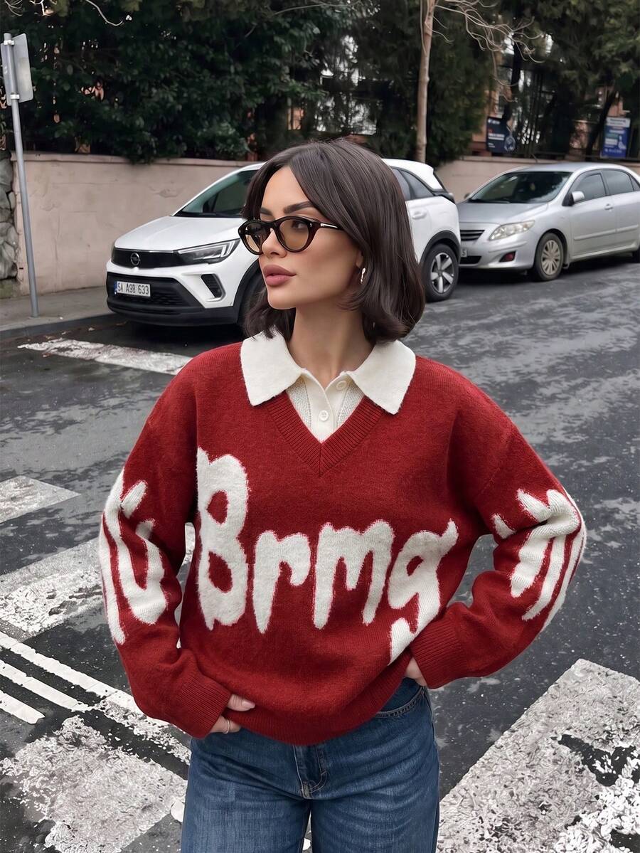 JustMiss Women's Knit Polo Sweater, Half-Button Front, Long Sleeve, Casual Preppy Commuter Top, Autumn/Winter - Red - View 1