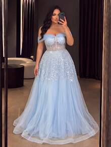Plus Size Glamorous Luxurious Off-Shoulder Backless Tie-Up Mesh Overlay Beaded Formal Evening Gown - Baby Blue - View 5