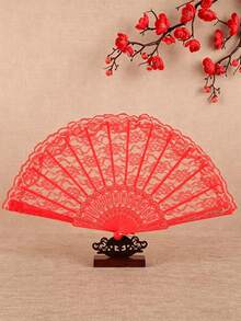 3pcs Lace Folding Fan Set, Suitable For Party, Halloween, Valentine's Day And Other Occasions - Red - View 2