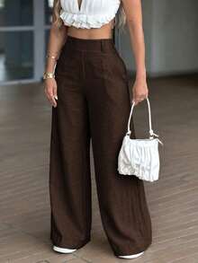 GLAMSKIN Fall Women High Waist Textured Wide Leg Linen Blend Pants,Stitch Detail Loose Palazzo Trousers With Pockets,Casual Summer Pants - Brown - View 4