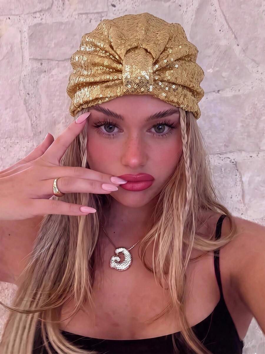 Women Gold Sequin Knotted Turban Cap, Glitter Elastic Head Wrap ...