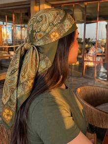 1PC Women Boho Satin Square Scarf, Lovely Versatile Head & Neck Wrap For Your Nice Daily Moments - Army Green - View 2