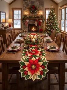 1pc Christmas Linen Table Runner, Red And Champagne Gold Poinsettia, Holly Leaf And Berry Print, Floral Cutout Shape, Vintage Dining Table Centerpiece For Coffee Table, Holiday Dinner And Party Decor - C - View 2