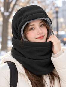 1 mũ mặt nạ lông cừu giữ ấm unisex, bảo vệ toàn mặt chống gió mùa đông, thiết kế dây rút, bảo vệ cổ ấm, phù hợp cho trượt tuyết, đạp xe, đi xe trượt tuyết và săn bắn trong các hoạt động ngoài trời thời tiết lạnh - màu đen - Xem 3