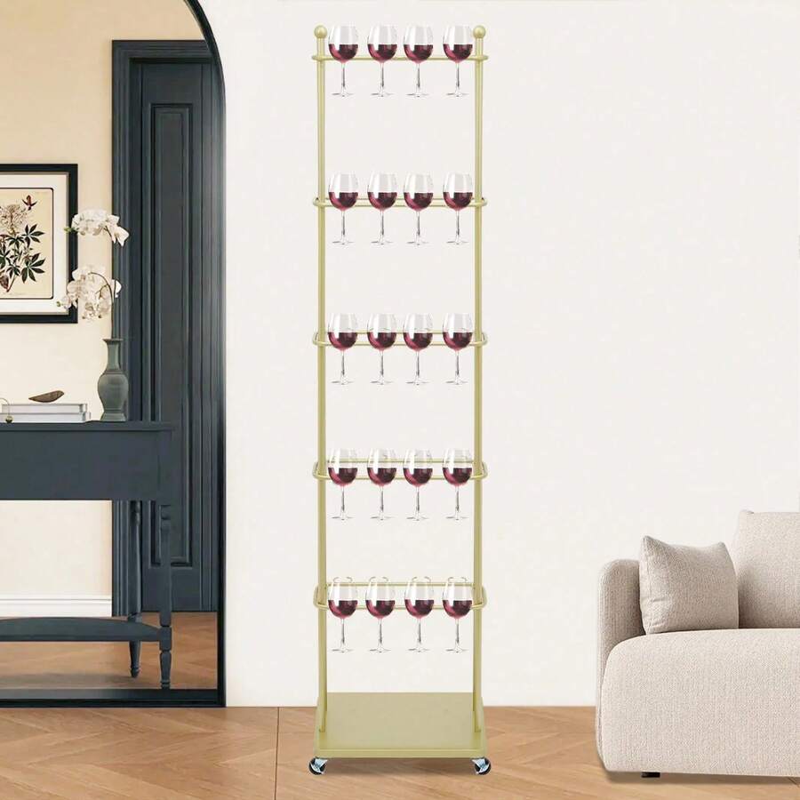Champagne Rack 5 Tier Gold Iron Baking Paint 40 Holder Rings Rolling Casters For Home Party Hotel Wedding Bar Glassware Display - Gold - View 1