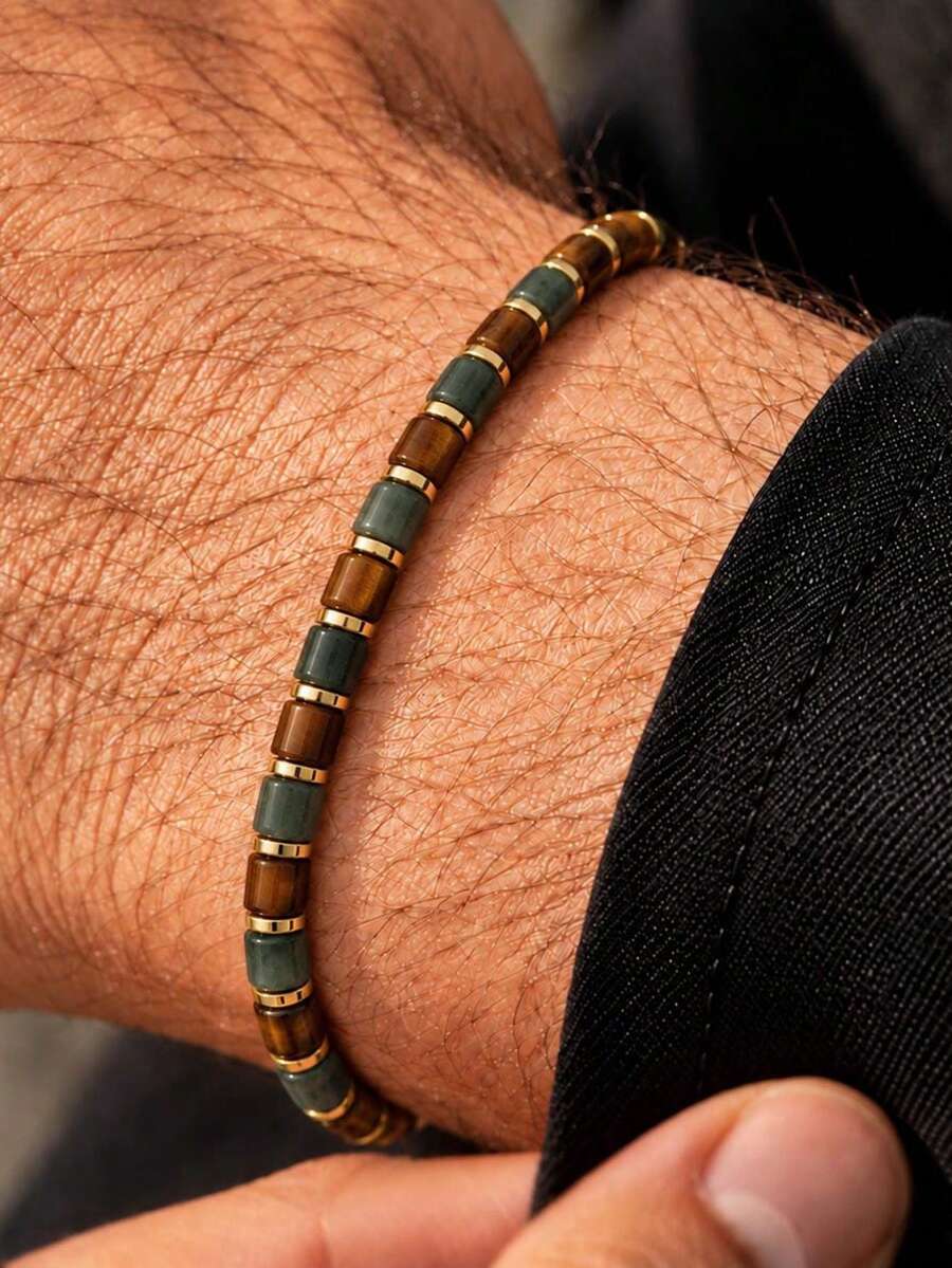 1pc Tiger Eye & Agate Beaded Bracelet For Men, 4mm Cylinder Beads,Prosperity &Good Fortune, Courage & Confidence Retro Style Minimalist Jewelry - Multicolor - View 1
