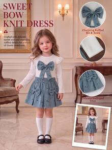 2pcs Baby Girl Mori Style Cute Academy Style 3D Bow Flutter Sleeve Top & Printed Skirt Set, Thin Spring/Autumn - Dusty Blue - View 2