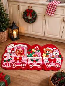 1pc Cute Christmas Train Shaped Faux Cashmere Rug, Gingerbread Bear Snowman Print Non Slip Floor Mat, Bedroom Holiday Decor Small Carpet - Multicolor - View 3